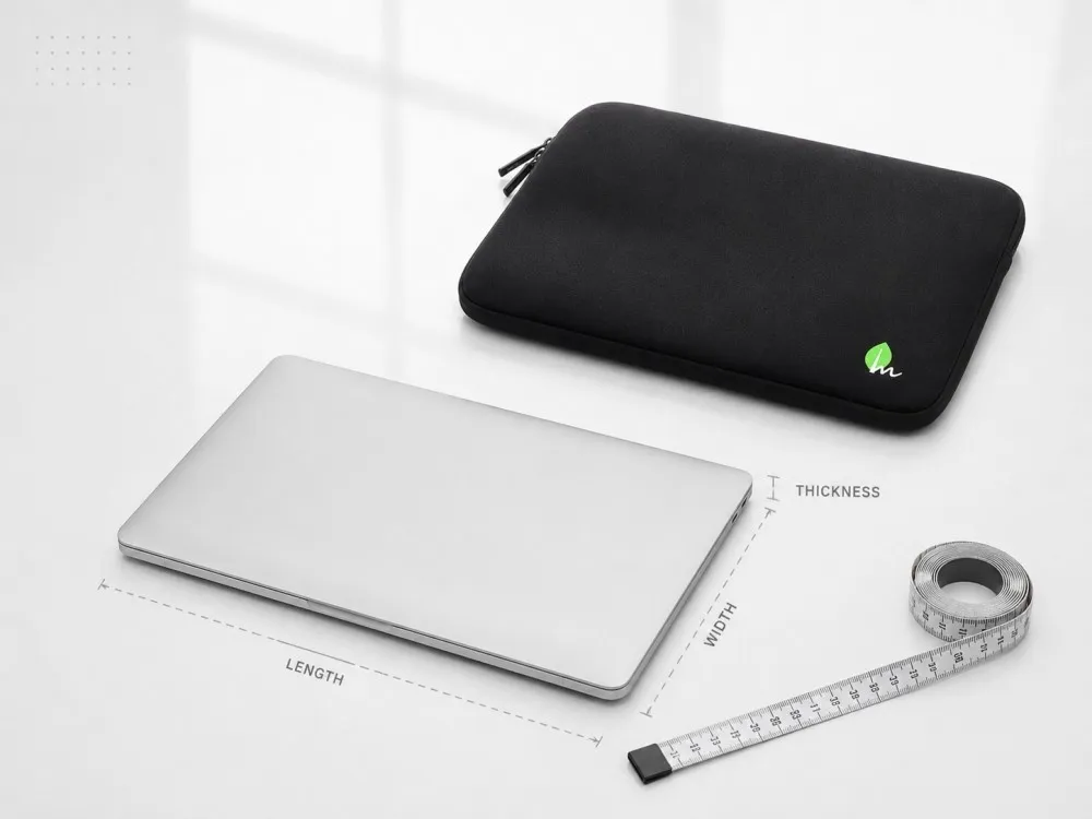 Laptop sleeve measurement guide showing length, width, and thickness of a slim laptop with a measuring tape Laptop sleeve measurement guide showing length, width, and thickness of a slim laptop with a measuring tape