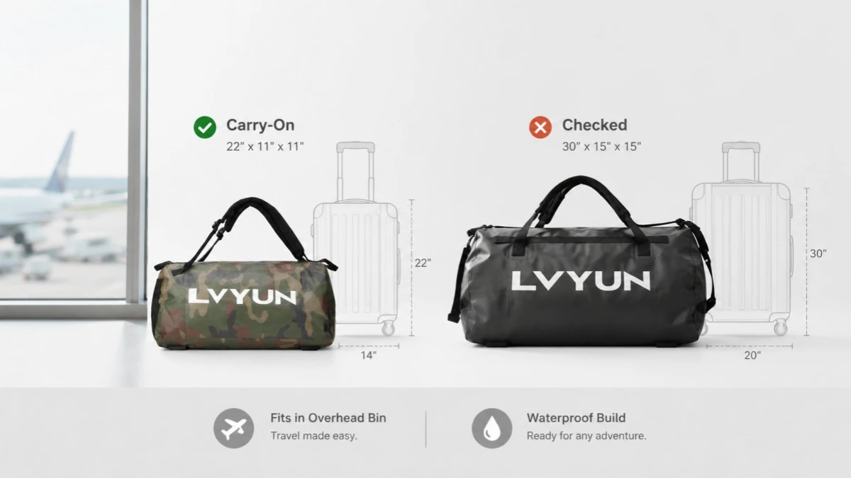 Carry-on vs checked waterproof duffel bag size comparison for air travel Carry-on vs checked waterproof duffel bag size comparison for air travel