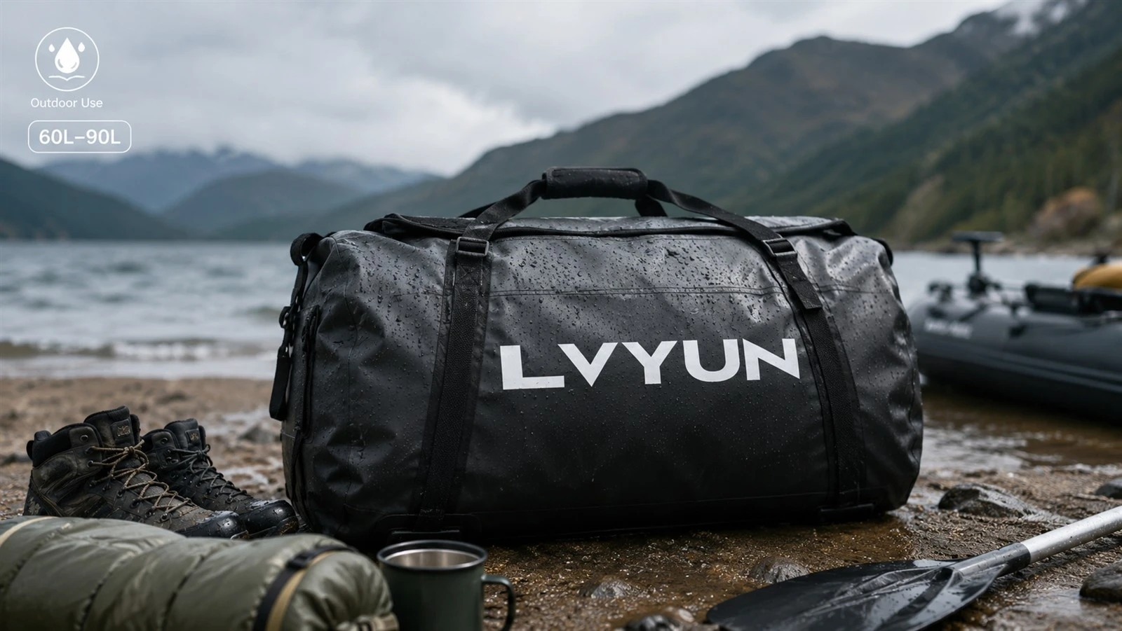 Large waterproof duffel bag for camping boating and outdoor gear storage in wet conditions Large waterproof duffel bag for camping boating and outdoor gear storage in wet conditions