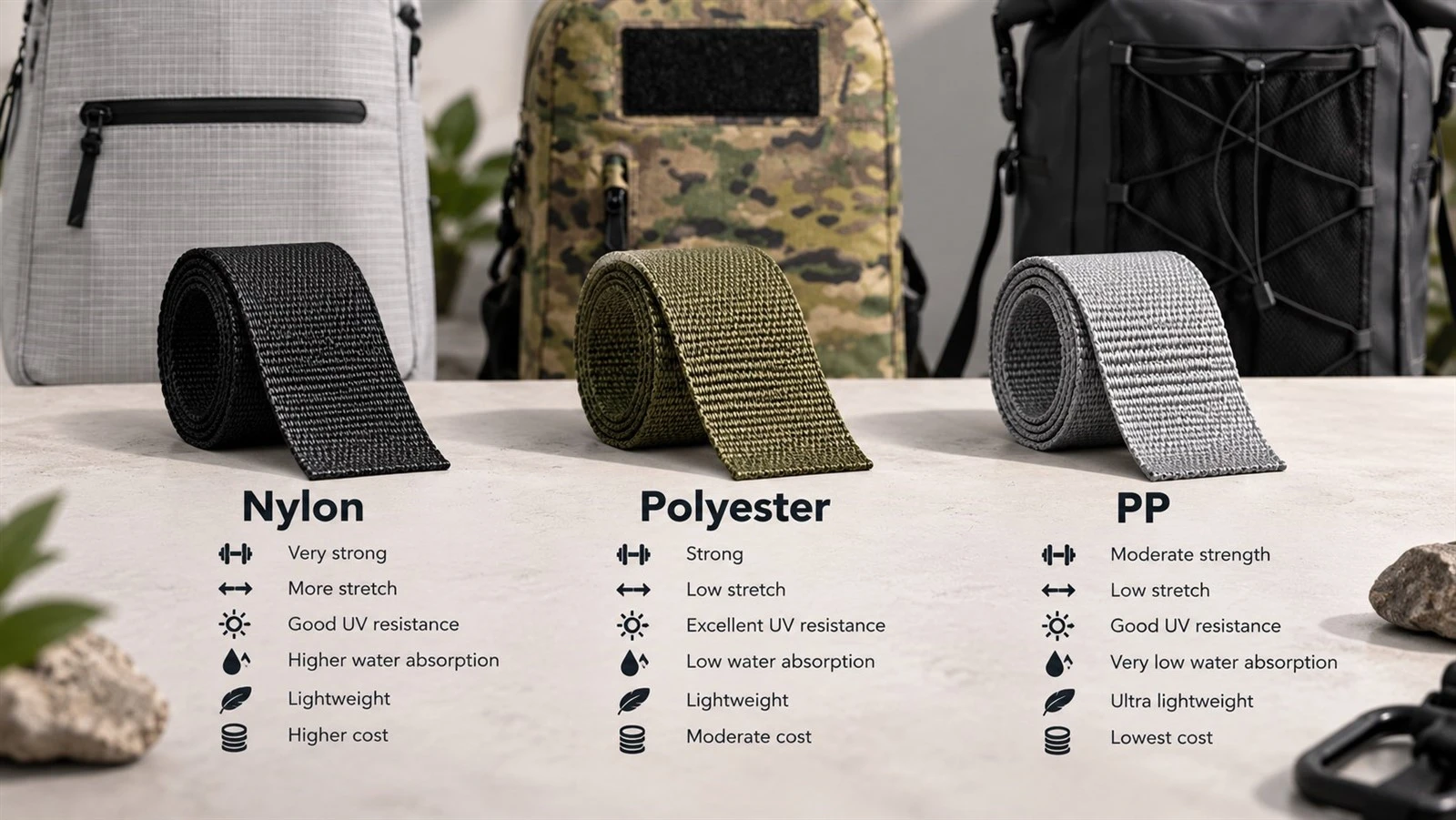 Nylon, polyester and PP webbing comparison showing strength, stretch, UV resistance, water absorption, weight and cost Nylon, polyester and PP webbing comparison showing strength, stretch, UV resistance, water absorption, weight and cost