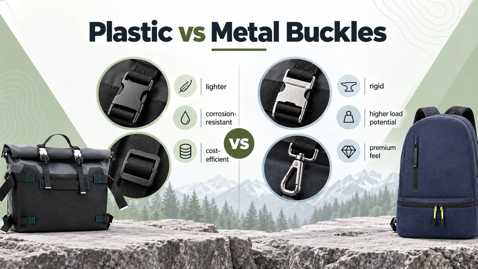 Plastic and metal buckles for custom bags showing different materials, finishes, and hardware styles Plastic and metal buckles for custom bags showing different materials, finishes, and hardware styles