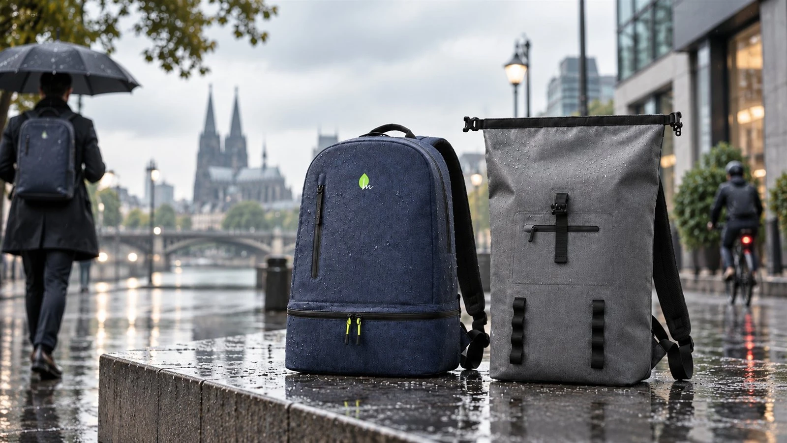 Waterproof commuter and roll-top backpacks in a rainy European city, showing urban-outdoor waterproof bag design trends. Waterproof commuter and roll-top backpacks in a rainy European city, showing urban-outdoor waterproof bag design trends.