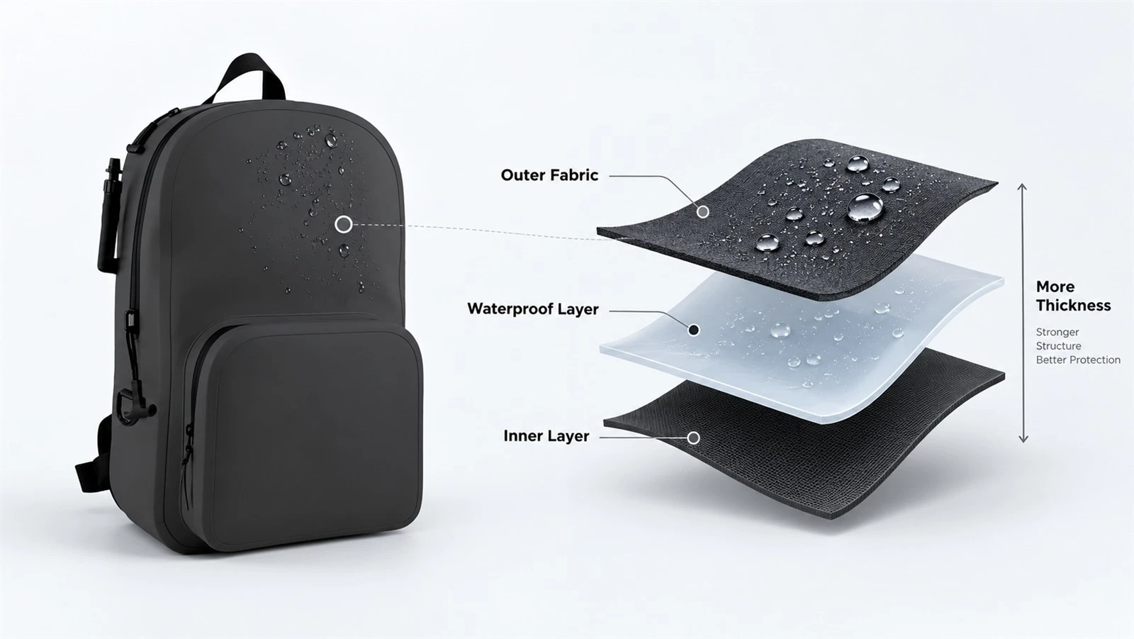 Waterproof backpack with exploded fabric layers showing outer fabric, waterproof membrane, and inner layer Waterproof backpack with exploded fabric layers showing outer fabric, waterproof membrane, and inner layer