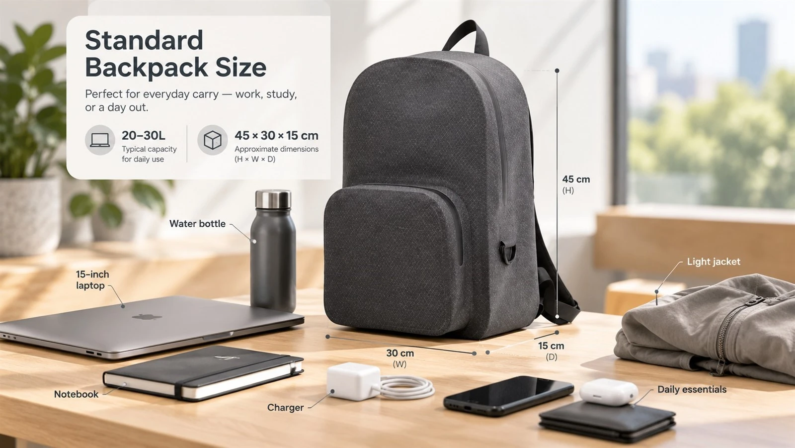Standard 20–30L backpack with typical 45 × 30 × 15 cm dimensions and everyday carry essentials Standard 20–30L backpack with typical 45 × 30 × 15 cm dimensions and everyday carry essentials
