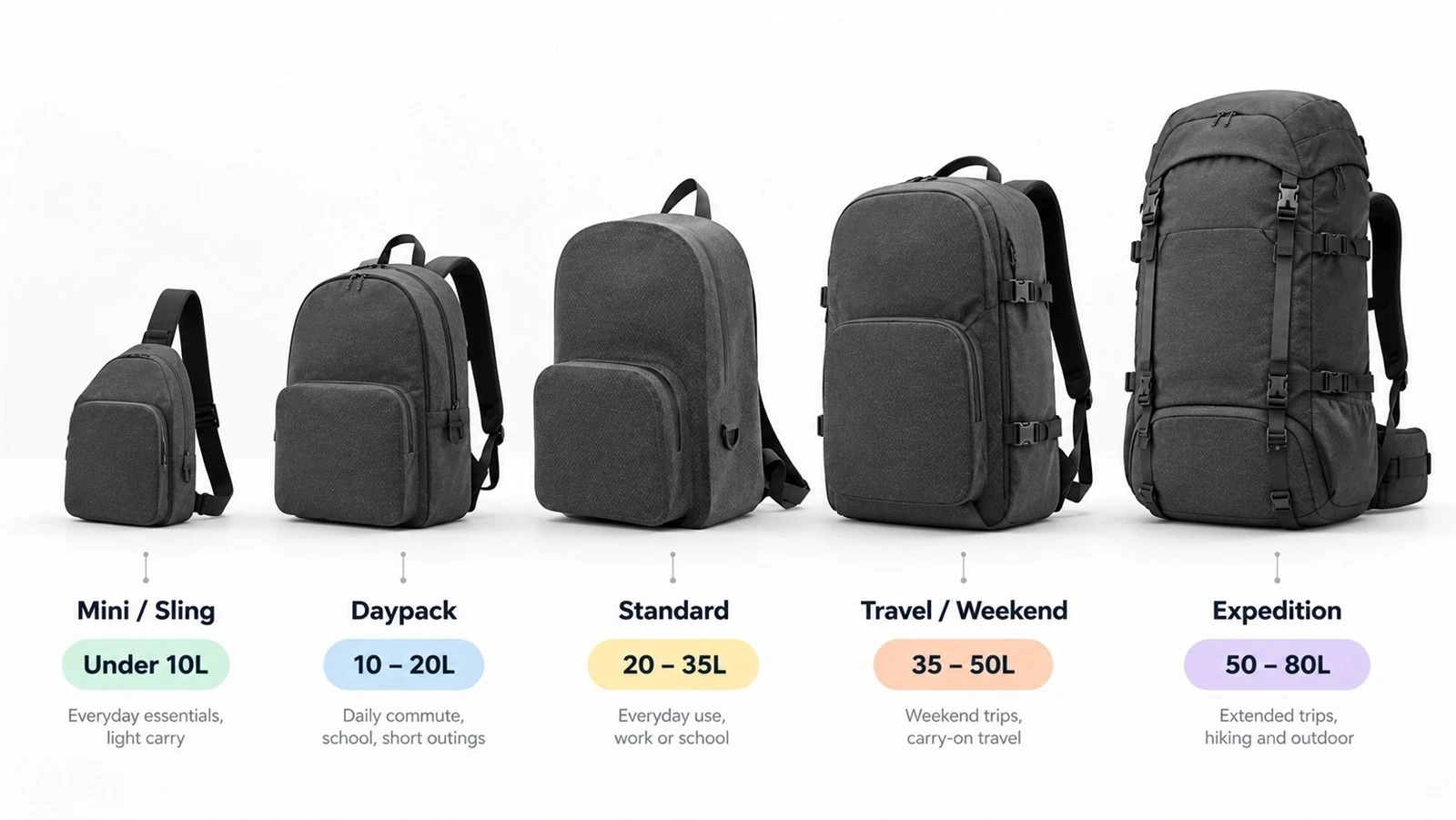 Backpack size comparison from mini under 10L to expedition packs up to 80L Backpack size comparison from mini under 10L to expedition packs up to 80L