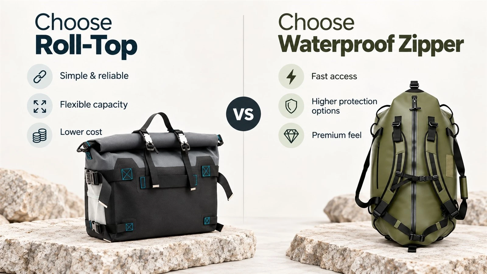Roll-top vs waterproof zipper dry bag comparison showing reliability, access, capacity, and cost differences Roll-top vs waterproof zipper dry bag comparison showing reliability, access, capacity, and cost differences