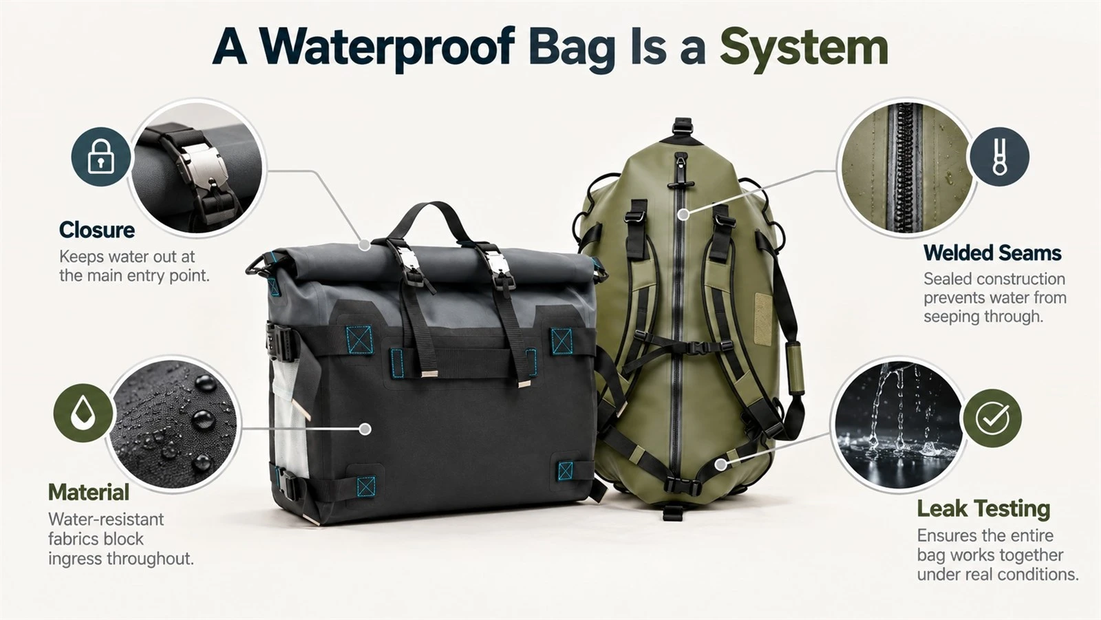 Waterproof bag construction system showing closure, material, welded seams, and leak testing Waterproof bag construction system showing closure, material, welded seams, and leak testing