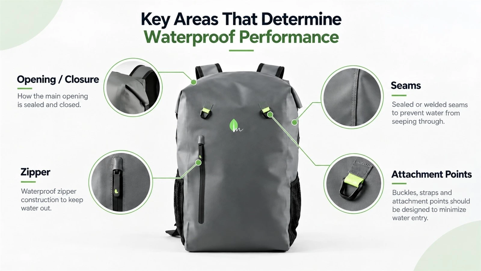 Key waterproof backpack areas including opening, seams, zipper, and attachment points Key waterproof backpack areas including opening, seams, zipper, and attachment points