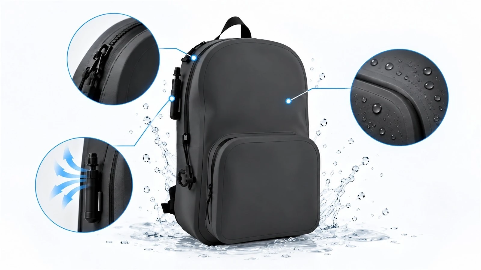 Airtight waterproof backpack with air valve, sealed zipper and waterproof construction details Airtight waterproof backpack with air valve, sealed zipper and waterproof construction details