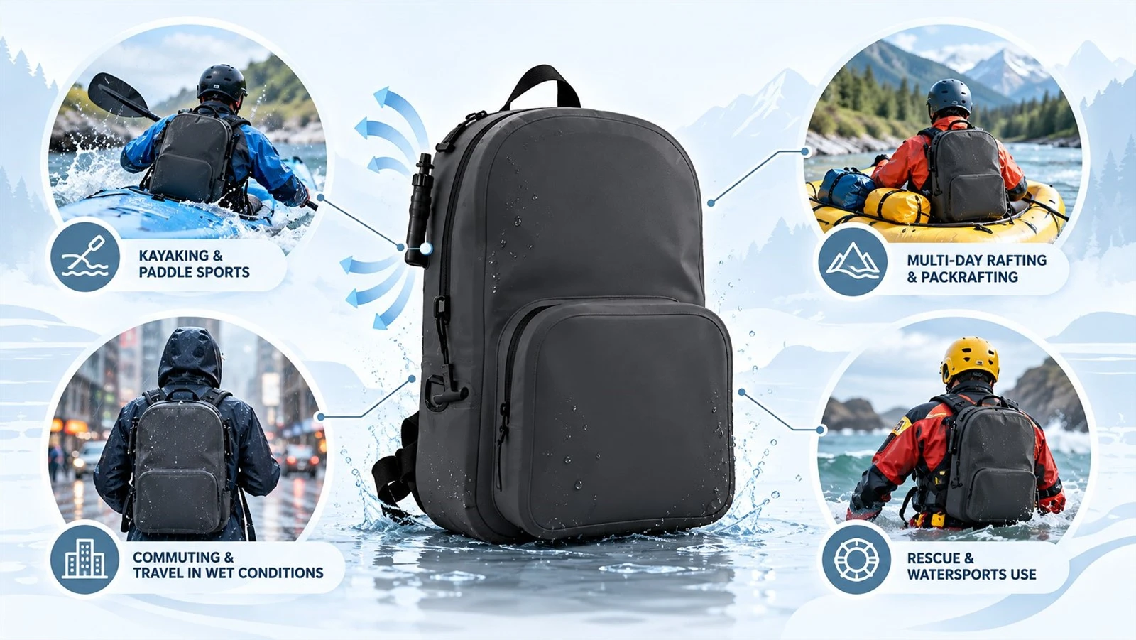 Airtight waterproof backpack with air valve shown in kayaking, rafting, wet-weather commuting and rescue applications Airtight waterproof backpack with air valve shown in kayaking, rafting, wet-weather commuting and rescue applications
