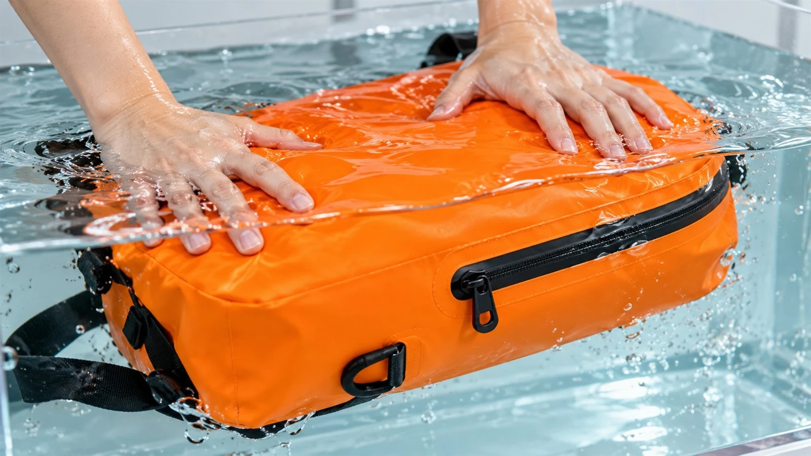 Orange waterproof bag undergoing seam and zipper leak testing in a water tank Orange waterproof bag undergoing seam and zipper leak testing in a water tank