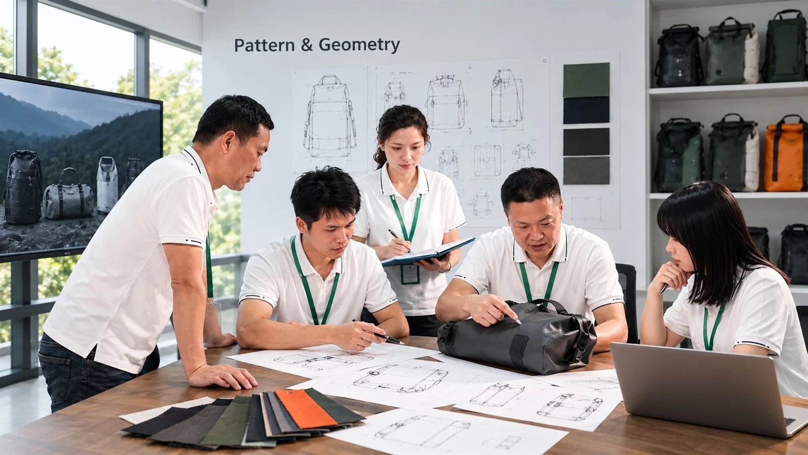 Custom waterproof bag design team reviewing bag patterns, dimensions, and product geometry Custom waterproof bag design team reviewing bag patterns, dimensions, and product geometry