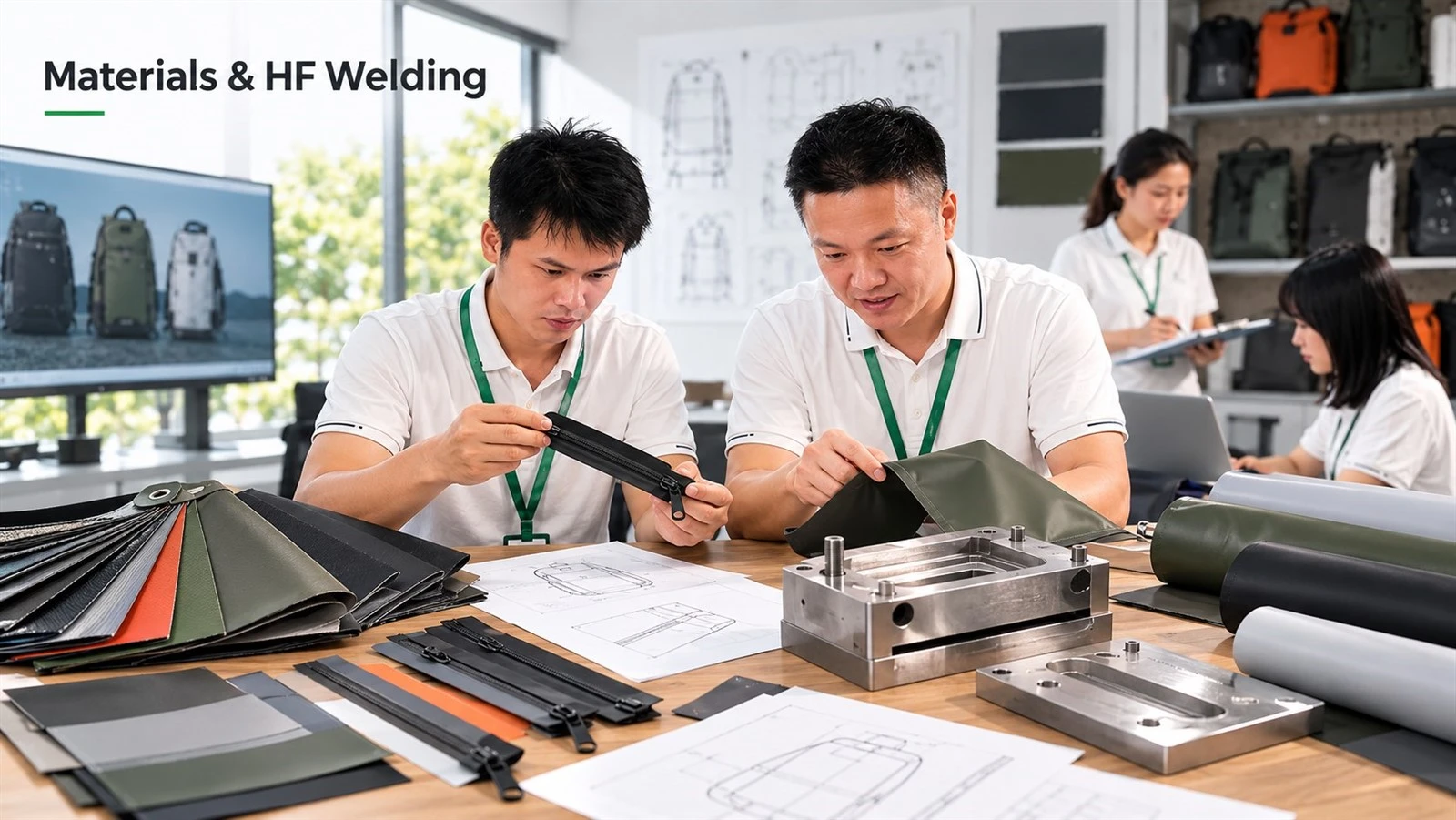 Waterproof bag engineers inspecting TPU materials, waterproof zippers, and HF welding tooling Waterproof bag engineers inspecting TPU materials, waterproof zippers, and HF welding tooling