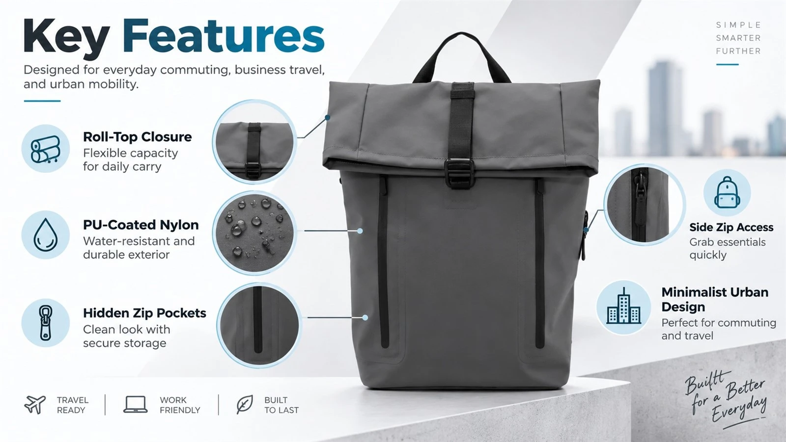 Folding Top Backpack with roll-top closure, PU-coated nylon, hidden zip pockets and side zip access Folding Top Backpack with roll-top closure, PU-coated nylon, hidden zip pockets and side zip access