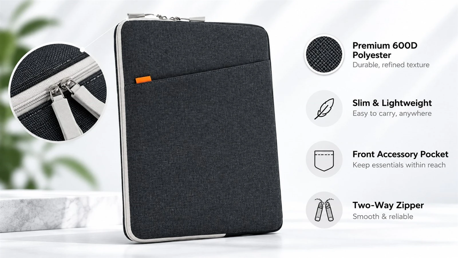 17 inch laptop sleeve with 600D polyester exterior, front accessory pocket and two-way zipper 17 inch laptop sleeve with 600D polyester exterior, front accessory pocket and two-way zipper